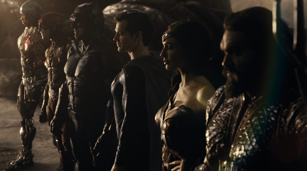 Ray Fisher (Cyborg / Victor Stone), Ezra Miller (The Flash / Barry Allen), Ben Affleck (Batman / Bruce Wayne), Henry Cavill (Superman / Clark Kent), Gal Gadot (Diana Prince / Wonder Woman), Jason Momoa (Aquaman / Arthur Curry). Courtesy HBO Max.