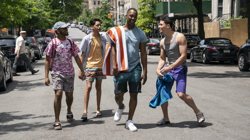 Caption: (L -r) NOAH CATALA as Graffiti Pete, GREGORY DIAZ IV as Sonny, COREY HAWKINS as Benny and ANTHONY RAMOS as Usnavi in Warner Bros. Pictures’ “IN THE HEIGHTS,” a Warner Bros. Pictures release. Photo Credit: Macall Polay