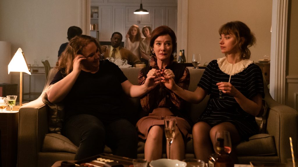 Left to Right: (Front): Danielle Macdonald as Madeleine, Valerie Mahaffey as Mme Reynard, Imogen Poots as Susan (Middle): Daniel Di Tomasso as Tom, Isaach de Bankolé as Julius (Back): Michelle Pfeiffer as Frances Price Susan Coyne as Joan in FRENCH EXIT. Photo by Lou Scamble. Courtesy of Sony Pictures Classics.