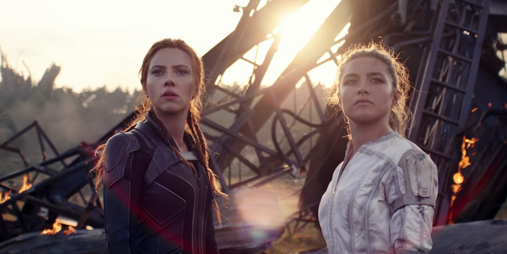 (L-R): Black Widow/Natasha Romanoff (Scarlett Johansson) and Yelena (Florence Pugh) in Marvel Studios' BLACK WIDOW, in theaters and on Disney+ with Premier Access. Photo courtesy of Marvel Studios. ©Marvel Studios 2021. All Rights Reserved.