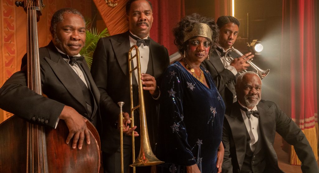 MA RAINEY’S BLACK BOTTOM(2020) Michael Potts as Slow Drag, Colman Domingo as Cutler, Viola Davis as Ma Rainey, Chadwick Boseman as Levee and Glynn Turman as Toledo.  Cr. David Lee/NETFLIX