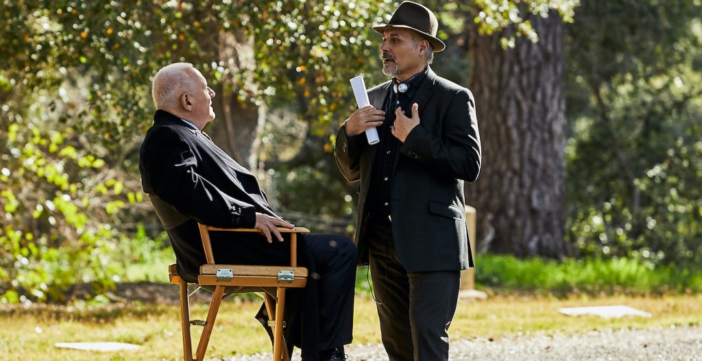 Anthony Hopkins as The Mentor and Director Nick Stagliano in The Virtuoso. Photo Credit: Lance Skundrich
