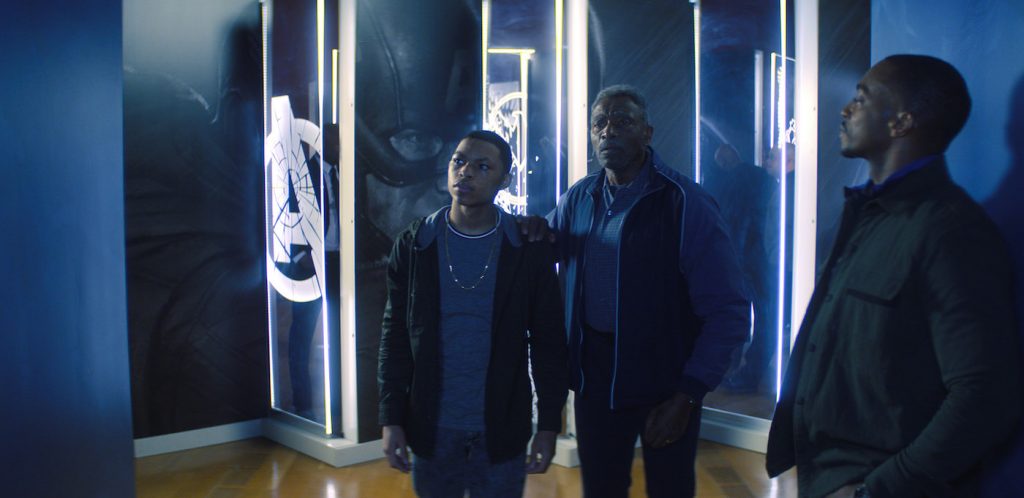 (L-R): Eli Bradley (Elijah Richardson), Isaiah Bradley (Carl Lumbly) and Falcon/Sam Wilson (Anthony Mackie) in Marvel Studios' THE FALCON AND THE WINTER SOLDIER exclusively on Disney+. Photo courtesy of Marvel Studios. ©Marvel Studios 2021. All Rights Reserved.
