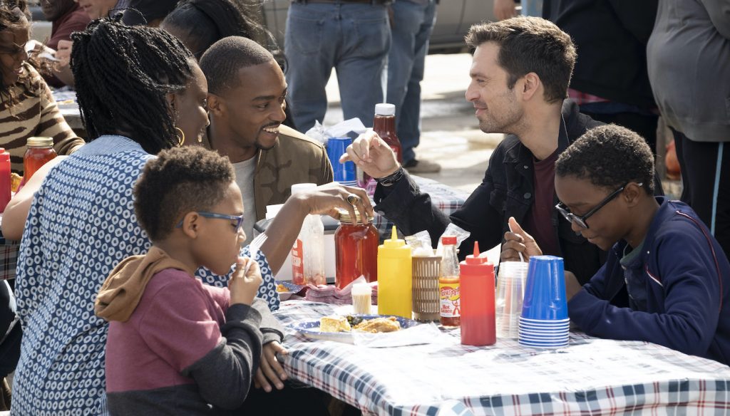 (L-R): Sarah Wilson (Adepero Oduye), Falcon/Sam Wilson (Anthony Mackie) and Winter Soldier/Bucky Barnes (Sebastian Stan) in Marvel Studios' THE FALCON AND THE WINTER SOLDIER exclusively on Disney+. Photo by Chuck Zlotnick. ©Marvel Studios 2021. All Rights Reserved.