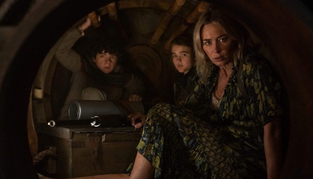 L-r, Marcus (Noah Jupe), Regan (Millicent Simmonds), and Evelyn (Emily Blunt) brave the unknown in "A Quiet Place Part II." Photo by Jonny Cournoyer. Courtesy Paramount Pictures.