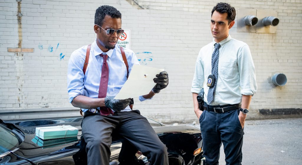 Chris Rock stars as Detective Ezekiel "Zeke" Banks and Max Minghella as Detective William in "Spiral." Photo credit: Brooke Palmer. Courtesy Lionsgate.