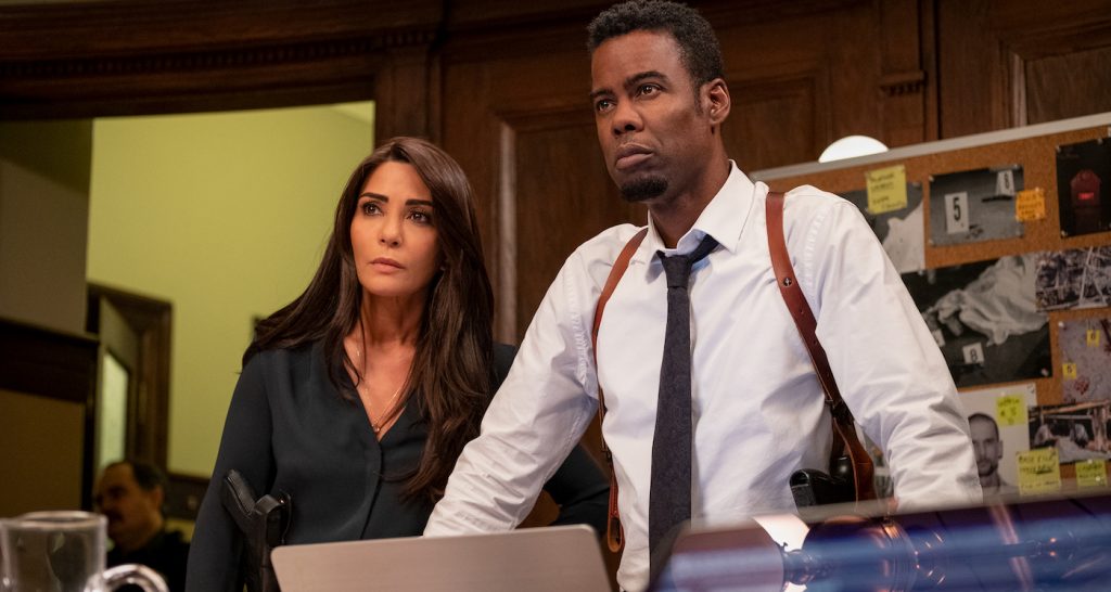 Marisol Nichols as Captain Angie Garza and Chris Rock as Detective Exekiel "Zeke" Banks in "Spiral." Photo by Brooke Palmer. Courtesy Lionsgate.