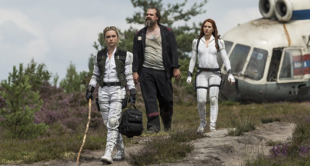 L-r: Yelena (Florence Pugh), Alexei (David Harbour), and Black Widow/Natasha Romanoff (Scarlett Johansson) in Marvel Studios' BLACK WIDOW. Photo by Jay Maidment. ©Marvel Studios 2020.