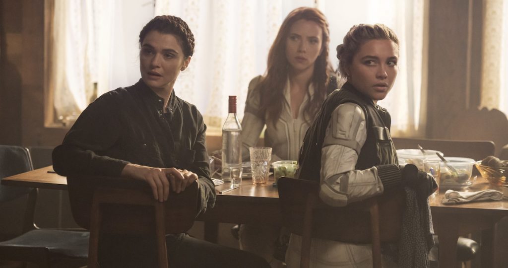 Melina (Rachel Weisz), Black Widow/Natasha Romanoff (Scarlett Johansson) and Yelena (Florence Pugh) in Marvel Studios' BLACK WIDOW. Photo by Jay Maidment. ©Marvel Studios 2020.