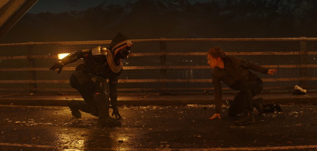 L-r: Taskmaster and Black Widow/Natasha Romanoff (Scarlett Johansson) in Marvel Studios' BLACK WIDOW. Courtesy Marvel Studios.