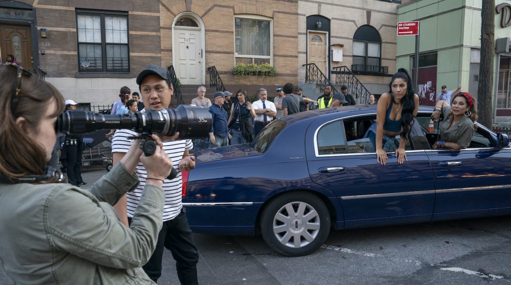 Caption: (L-r) DP ALICE BROOKS (foreground), director JON M. CHU, STEPHANIE BEATRIZ and DAPHNE RUBIN-VEGA on the set of Warner Bros. Pictures’ “IN THE HEIGHTS,” a Warner Bros. Pictures release. Photo Credit: Macall Polay