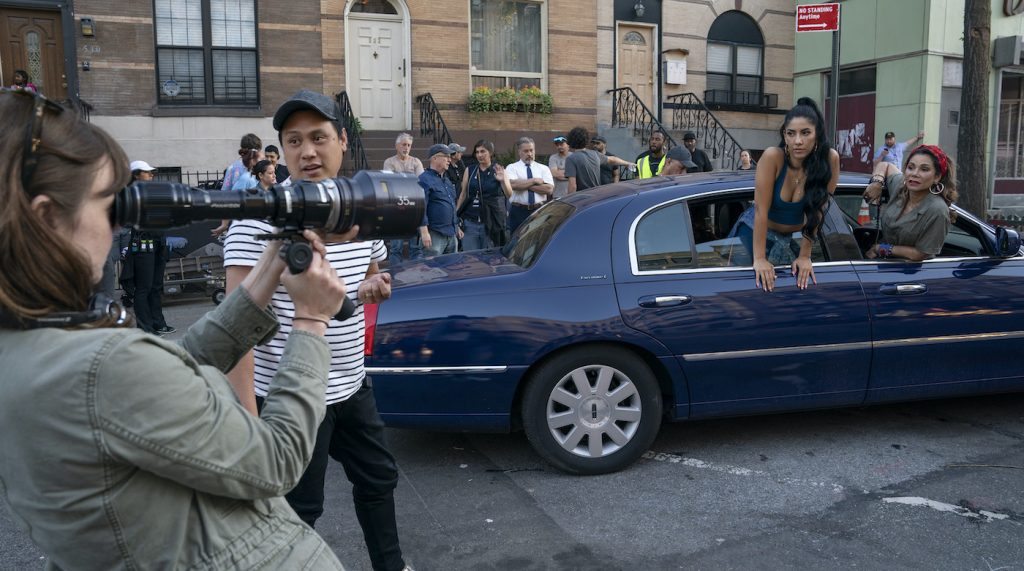 Caption: (L-r) DP ALICE BROOKS (foreground), director JON M. CHU, STEPHANIE BEATRIZ and DAPHNE RUBIN-VEGA on the set of Warner Bros. Pictures’ “IN THE HEIGHTS,” a Warner Bros. Pictures release. Photo Credit: Macall Polay