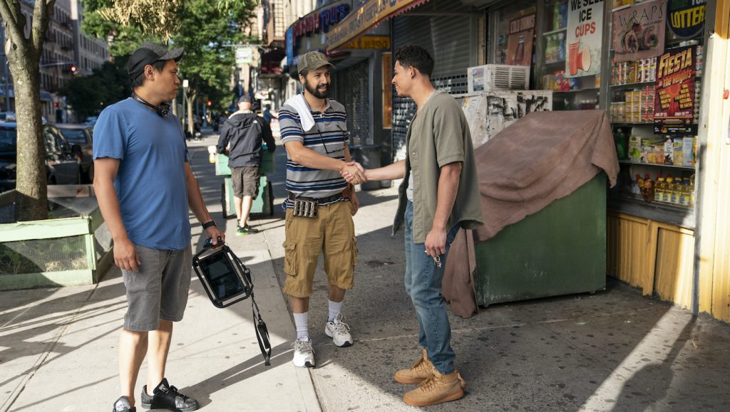 Caption: (L-r) Director JON M. CHU, concept/music & lyrics/producer LIN-MANUEL MIRANDA and ANTHONY RAMOS on the set of Warner Bros. Pictures’ “IN THE HEIGHTS,” a Warner Bros. Pictures release. Photo Credit: Macall Polay