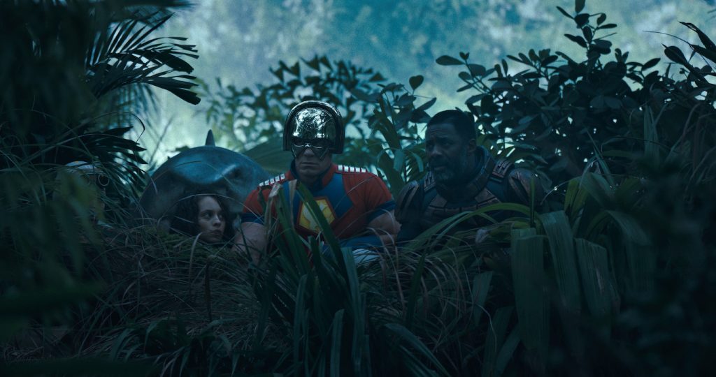 Caption: (L-r) DAVID DASTMALCHIAN as Polka-Dot Man, KING SHARK, DANIELA MELCHIOR as Ratcatcher 2, JOHN CENA as Peacemaker and IDRIS ELBA as Bloodsport in Warner Bros. Pictures’ superhero action adventure “THE SUICIDE SQUAD,” a Warner Bros. Pictures release. Photo Credit: Courtesy of Warner Bros. Pictures/™ & © DC Comics