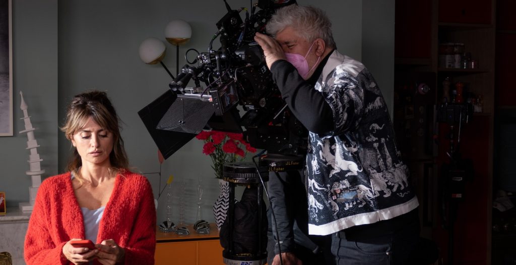 Penélope Cruz and director Pedro Almodóvar on set of 