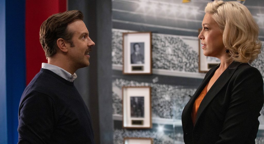 Jason Sudeikis and Hannah Waddingham in “Ted Lasso,” now streaming on Apple TV+.​