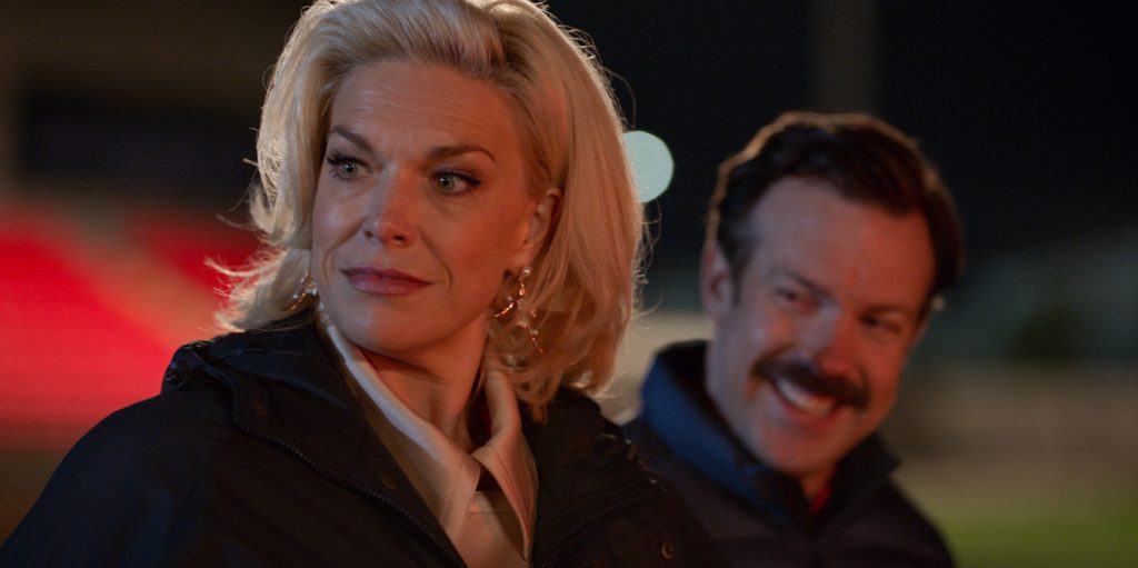 Hannah Waddingham and Jason Sudeikis in “Ted Lasso,” now streaming on Apple TV+.​