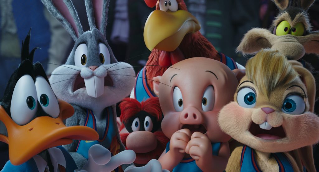 Caption: (L-r) DAFFY DUCK, BUGS BUNNY, YOSEMITE SAM, FOGHORN LEGHORN, PORKY PIG, LOLA BUNNY and WILE E. COYOTE in Warner Bros. Pictures’ animated/live-action adventure “SPACE JAM: A NEW LEGACY,” a Warner Bros. Pictures release. Photo Credit: Courtesy Warner Bros. Pictures