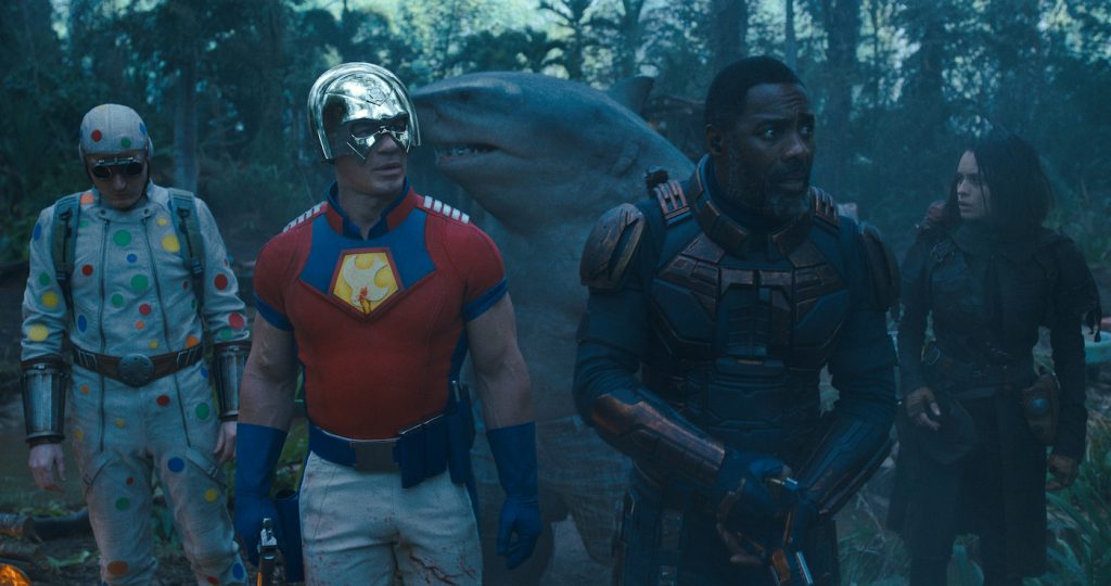 Caption: (L-r) DAVID DASTMALCHIAN as Polka-Dot Man, KING SHARK, DANIELA MELCHIOR as Ratcatcher 2, JOHN CENA as Peacemaker and IDRIS ELBA as Bloodsport in Warner Bros. Pictures’ superhero action adventure “THE SUICIDE SQUAD,” a Warner Bros. Pictures release. Photo Credit: Courtesy of Warner Bros. Pictures/™ & © DC Comics