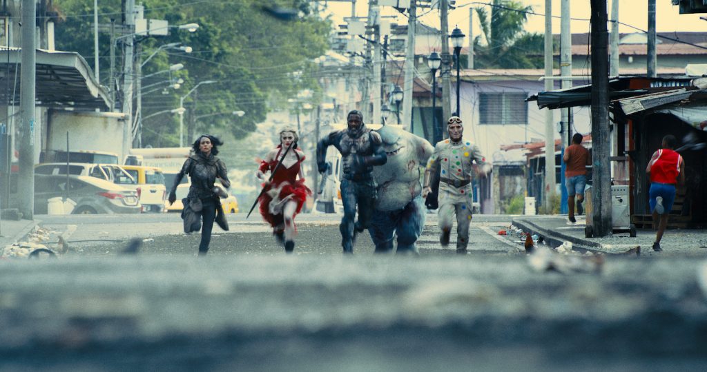 Caption: (L-r) DANIELA MELCHIOR as Ratcatcher 2, MARGOT ROBBIE as Harley Quinn, IDRIS ELBA as Bloodsport, KING SHARK and DAVID DASTMALCHIAN as Polka-Dot Man in Warner Bros. Pictures’ superhero action adventure “THE SUICIDE SQUAD,” a Warner Bros. Pictures release. Photo Credit: Courtesy of Warner Bros. Pictures/™ & © DC Comics