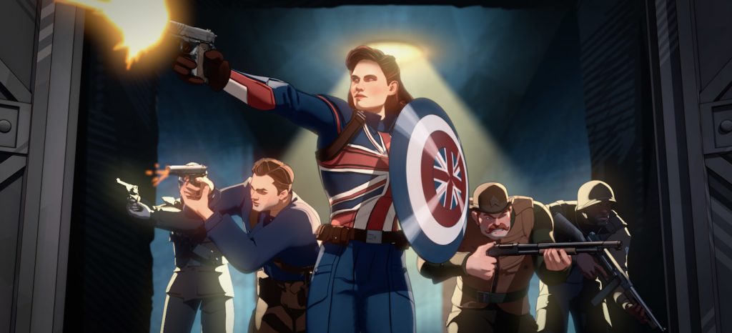 Captain Carter (center) and the Howling Commandos in Marvel Studios' 