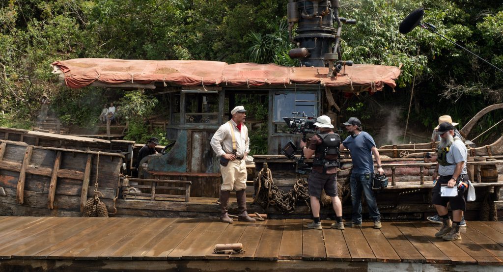 Dwayne Johnson and director Jaume Collet-Serra on the set of Disney’s JUNGLE CRUISE. Photo by Frank Masi. © 2021 Disney Enterprises, Inc. All Rights Reserved.