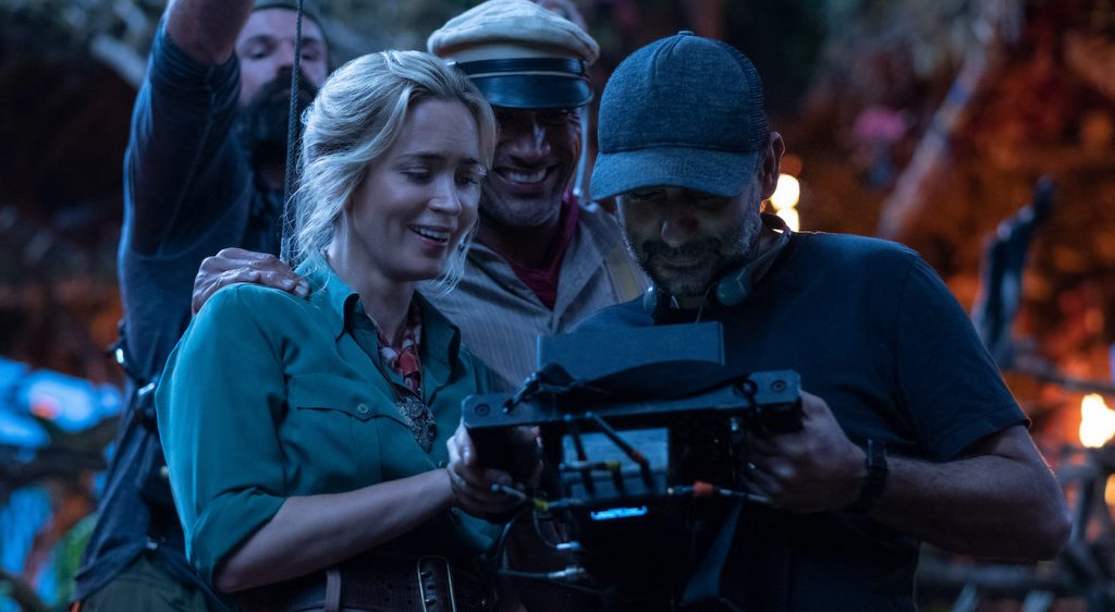 (L-R): Emily Blunt, Dwayne Johnson and director Jaume Collet-Serra on the set of Disney’s JUNGLE CRUISE. Photo by Frank Masi. © 2021 Disney Enterprises, Inc. All Rights Reserved.