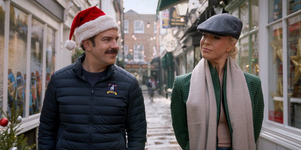 Jason Sudeikis and Hannah Waddingham in “Ted Lasso” season two, now streaming on Apple TV+.