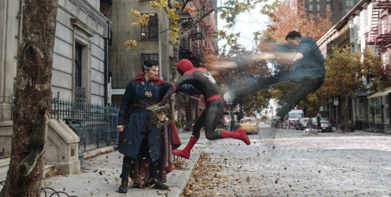 Benedict Cumberbatch is Doctor Strange and Tom Holland is Peter Parker in Spider-Man: No Way Home. Courtesy Sony Pictures.