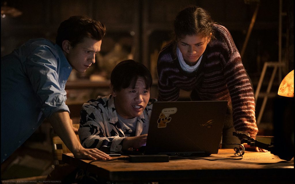 Peter Parker (Tom Holland), Ned (Jacob Leeds) and MJ (Zendaya), in "Spider-Man: No Way Home." Courtesy Sony Pictures.