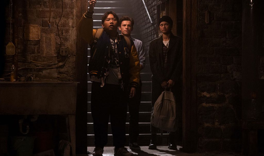 Ned (Jacob Batalon), Peter Parker (Tom Holland), and MJ (Zendaya), and in "Spider-Man: No Way Home." Courtesy Sony Pictures.