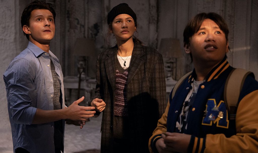 L-r: Peter Parker (Tom Holland), MJ (Zendaya), and Ned (Jacob Batalon) in "Spider-Man: No Way Home." Courtesy Sony Pictures.