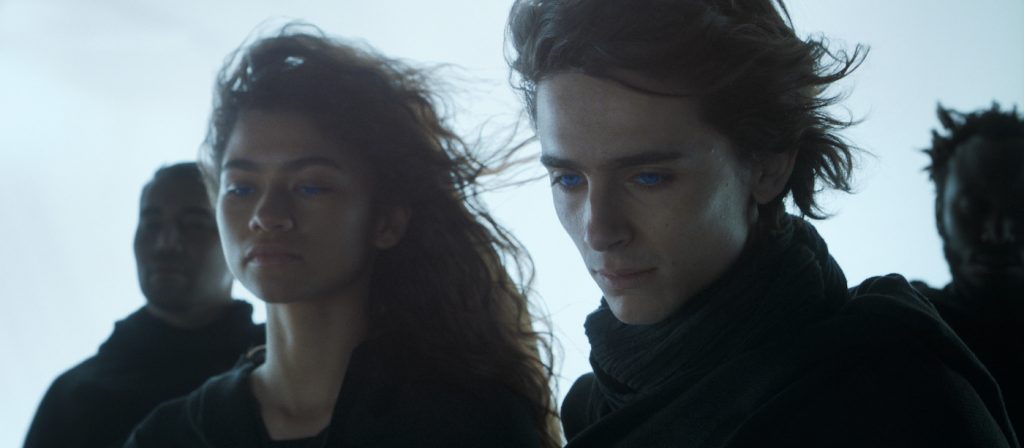 Caption: (L-r) ZENDAYA as Chani and TIMOTHÉE CHALAMET as Paul Atreides in Warner Bros. Pictures’ and Legendary Pictures’ action adventure “DUNE,” a Warner Bros. Pictures and Legendary release. Photo Credit: Courtesy of Warner Bros. Pictures and Legendary Pictures