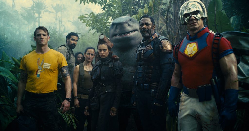 Caption: (L-r) JOEL KINNAMAN as Colonel Rich Flag, ALICE BRAGA as Sol Soria, DANIELA MELCHIOR as Ratcatcher 2, KING SHARK, IDRIS ELBA as Bloodsport and JOHN CENA as Peacemaker in Warner Bros. Pictures’ superhero action adventure “THE SUICIDE SQUAD,” a Warner Bros. Pictures release.Photo Credit: Courtesy of Warner Bros. Pictures/™ & © DC Comics