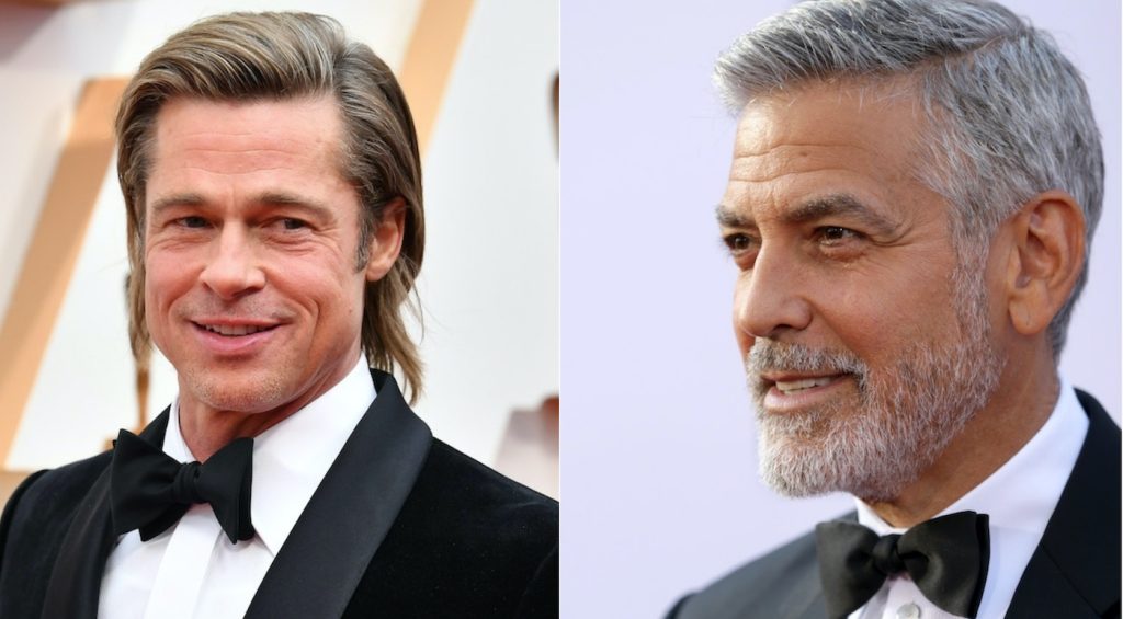 L-r: HOLLYWOOD, CALIFORNIA - FEBRUARY 09: Brad Pitt attends the 92nd Annual Academy Awards at Hollywood and Highland on February 09, 2020 in Hollywood, California. (Photo by Amy Sussman/Getty Images). HOLLYWOOD, CA - JUNE 07:  Honoree George Clooney attends the American Film Institute's 46th Life Achievement Award Gala Tribute to George Clooney at Dolby Theatre  on June 7, 2018 in Hollywood, California.  (Photo by Rich Fury/Getty Images).