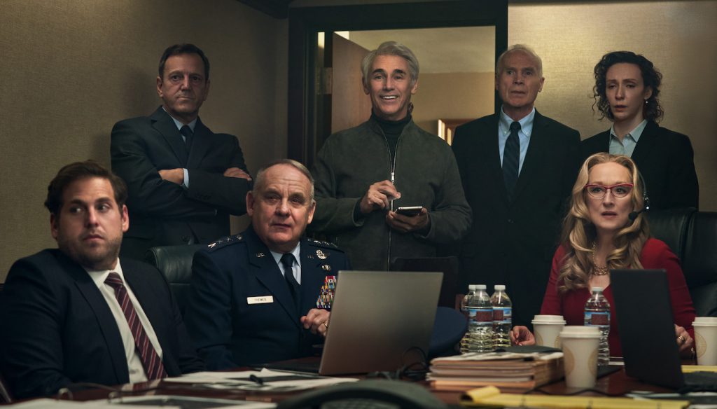 DON'T LOOK UP (L to R) JONAH HILL as JASON ORLEAN, PAUL GUILFOYLE as GENERAL THEMES, MARK RYLANCE as PETER ISHERWELL, MERYL STREEP as PRESIDENT JANIE ORLEAN. Cr. NIKO TAVERNISE/NETFLIX © 2021