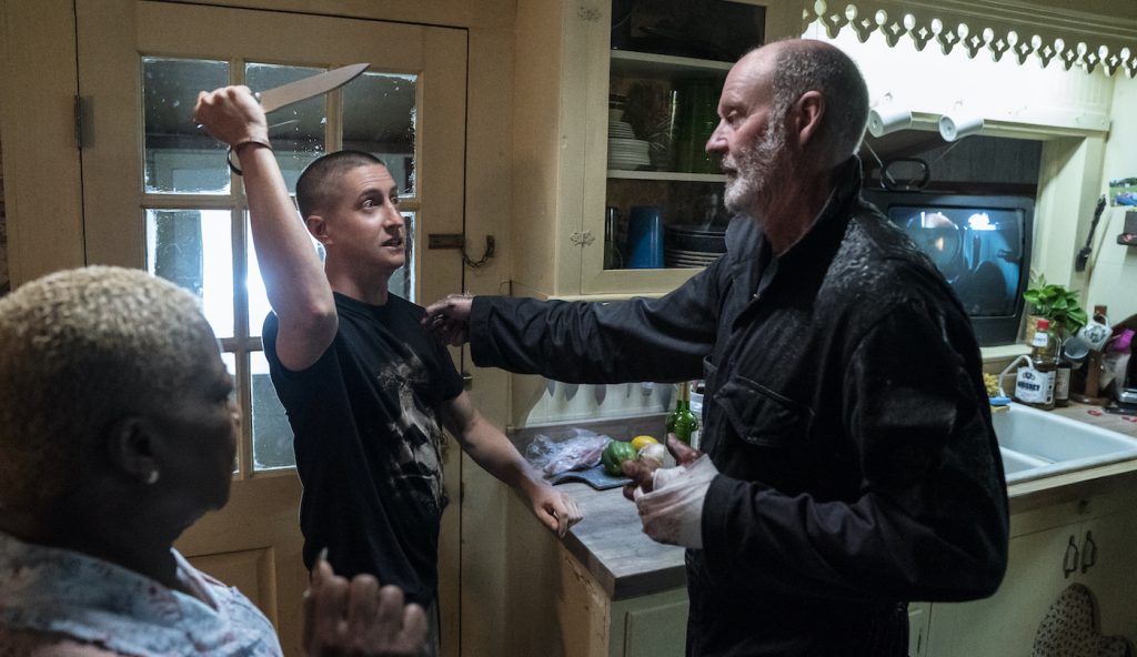 (from left) Director David Gordon Green and James Jude Courtney on the set of Halloween Kills.