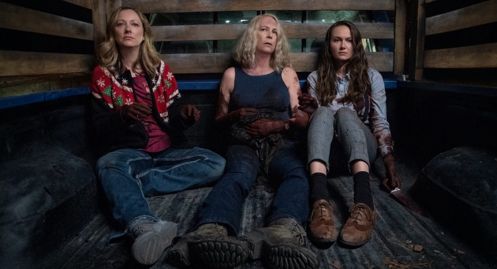 (from left) Karen (Judy Greer), Laurie Strode (Jamie Lee Curtis) and Allyson (Andi Matichak) in Halloween Kills, directed by David Gordon Green.