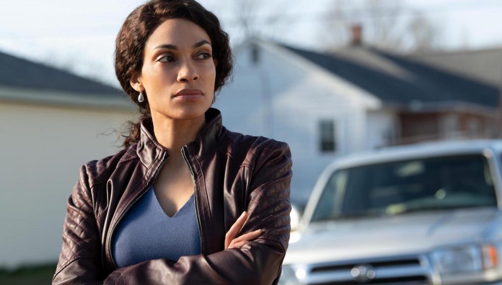 Dopesick -- "The 5th Vital Sign" - Episode 103 -- Doctor Finnix begins to taper Betsy off OxyContin, Bridget sees the toll the drug is taking on communities, Rick and Randy investigate the world of “pain societies”, and with sales climbing, Richard Sackler makes bigger plans for his new drug. Bridget (Rosario Dawson), shown. (Photo by: Gene Page/Hulu)