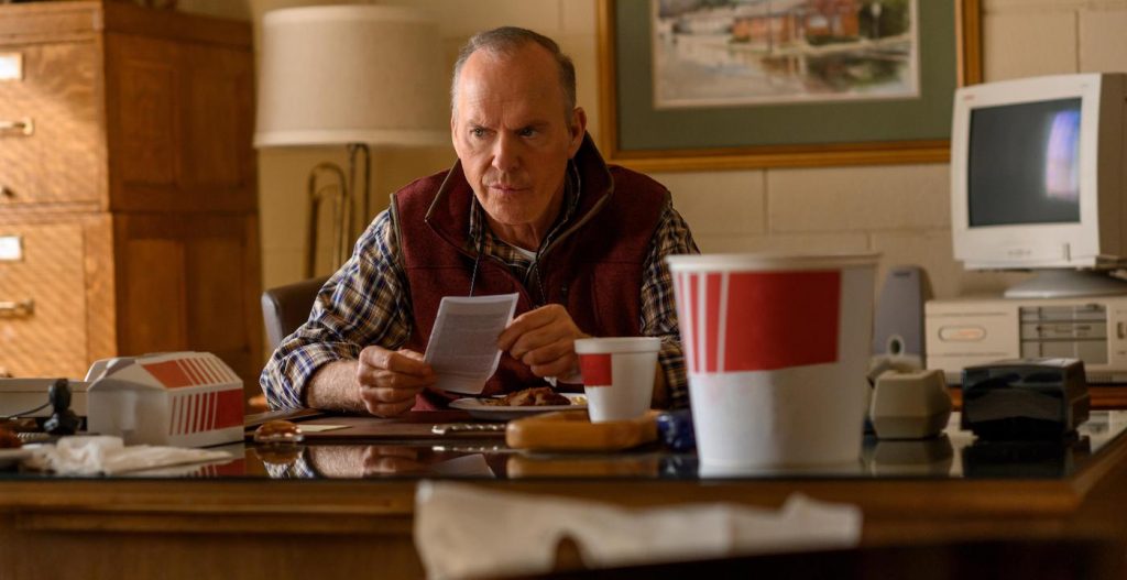 “First Bottle” - Episode 101 -- Richard Sackler begins to launch a powerful new painkiller, a rural doctor is introduced to the drug, a coal miner plans her future, a DEA Agent learns of blackmarket pills, and federal prosecutors decide to open a case into OxyContin. Dr. Samuel Finnix (Michael Keaton), shown. (Photo by: Antony Platt/Hulu) - Episodic Stills