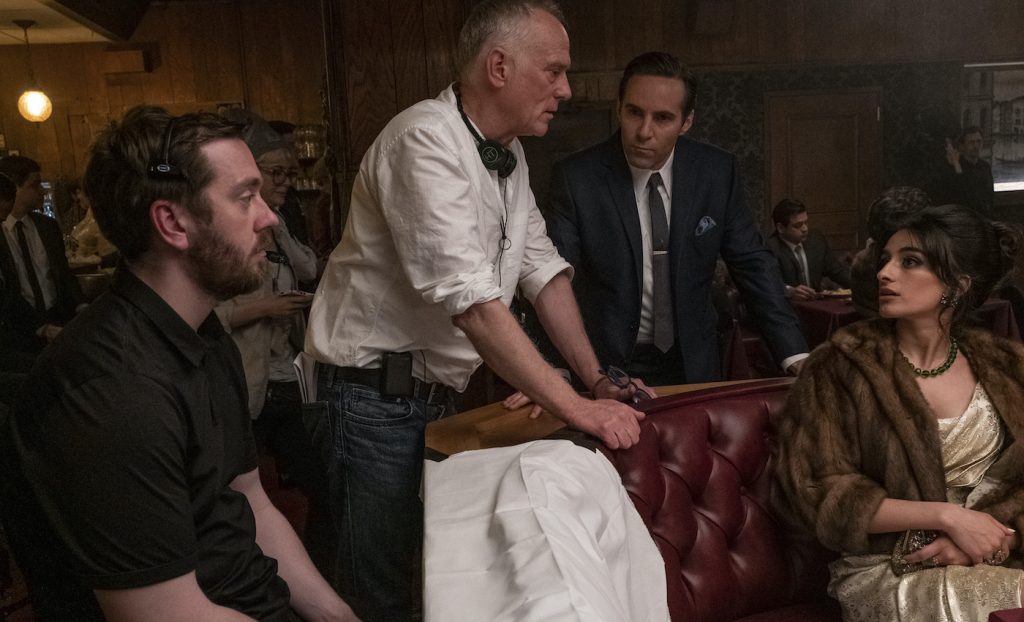 Caption: (L-r) Director ALAN TAYLOR, ALESSANDRO NIVOLA and MICHELA DE ROSSI on the set of New Line Cinema and Home Box Office’s mob drama “THE MANY SAINTS OF NEWARK,” a Warner Bros. Pictures release. Photo Credit: Barry Wetcher