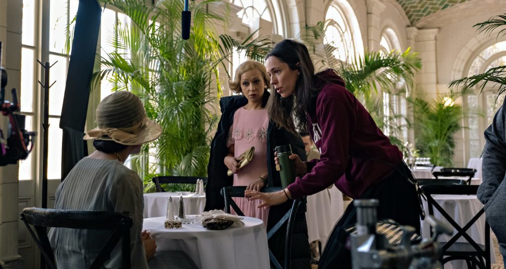 PASSING (L to R) TESSA THOMPSON as IRENE, RUTH NEGGA as CLARE.and DIRECTOR REBECCA HALL. Cr: Emily V. Aragones/Netflix © 2021