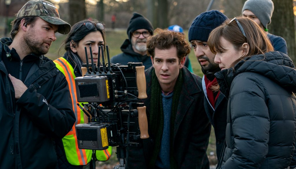TICK, TICK…BOOM! (L-R) Andrew Garfield, Director Lin-Manuel Miranda and Director of Photography Alice Brooks on location in NYC on March 3, 2020 in TICK, TICK…BOOM! Photo Credit: Macall Polay/NETFLIX ©2021.