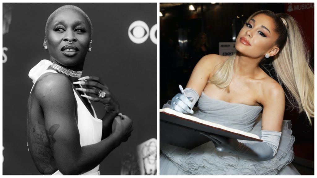 L-r: LOS ANGELES, CALIFORNIA - SEPTEMBER 19: (EDITORS NOTE: Image has been converted to black and white.) Cynthia Erivo   attends the 73rd Primetime Emmy Awards at L.A. LIVE on September 19, 2021 in Los Angeles, California. (Photo by Rich Fury/Getty Images). LOS ANGELES, CALIFORNIA - JANUARY 26: Ariana Grande is seen at the GRAMMY Charities Signings during the 62nd Annual GRAMMY Awards at STAPLES Center on January 26, 2020 in Los Angeles, California. (Photo by Robin Marchant/Getty Images for The Recording Academy)