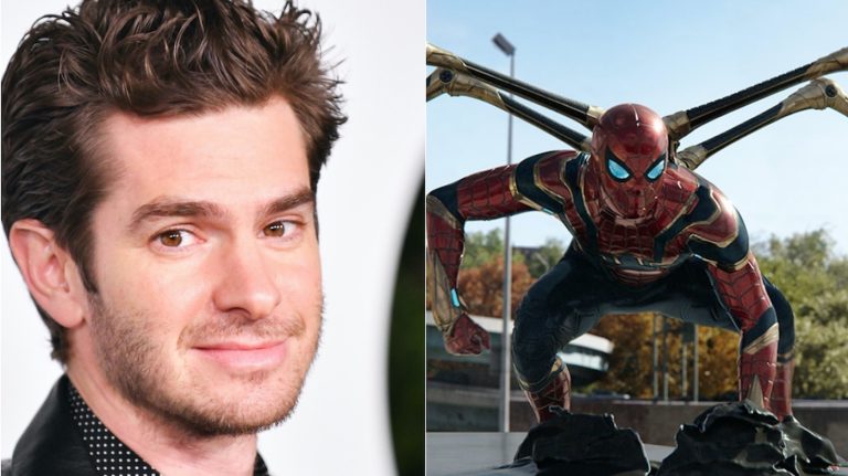 L-r: WEST HOLLYWOOD, CALIFORNIA - NOVEMBER 18: Andrew Garfield attends the GQ Men of the Year Celebration at The West Hollywood EDITION on November 18, 2021 in West Hollywood, California. (Photo by Rodin Eckenroth/Getty Images). Spider-Man (Tom Holland) in "Spider-Man: No Way Home." Courtesy of Sony Pictures.