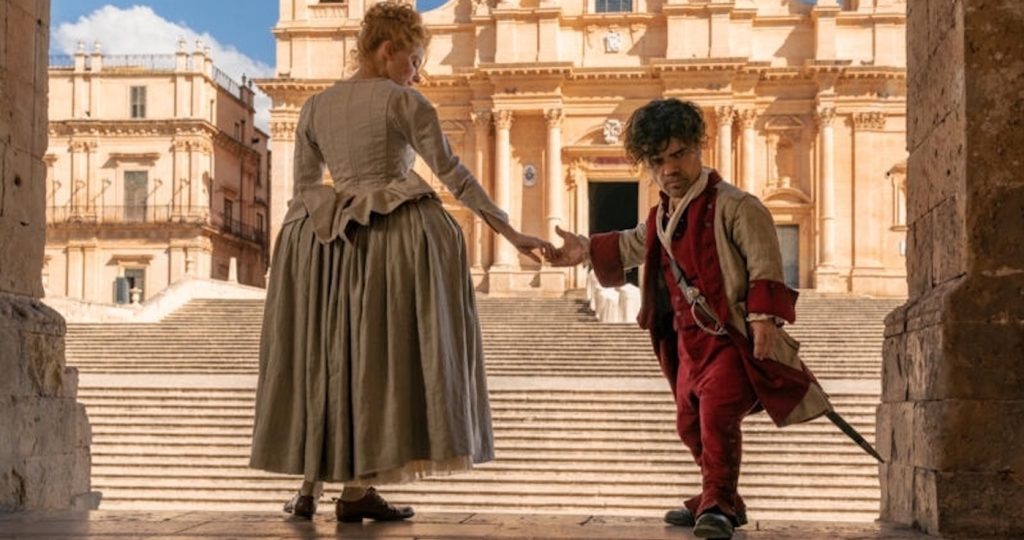 Haley Bennett stars as Roxanne and Peter Dinklage as Cyrano in Joe Wright’s CYRANO. A Metro Goldwyn Mayer Pictures film. Photo credit: Peter Mountain. © 2021 Metro-Goldwyn-Mayer Pictures Inc. All Rights Reserved.