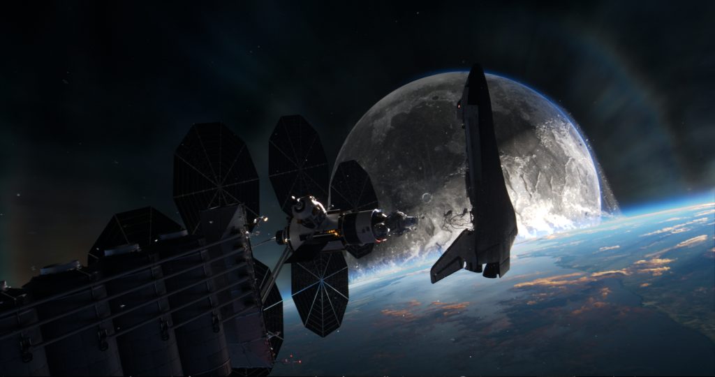 The Endeavor Space Shuttle docking at the International Space Station while the moon hurtles towards Earth in 