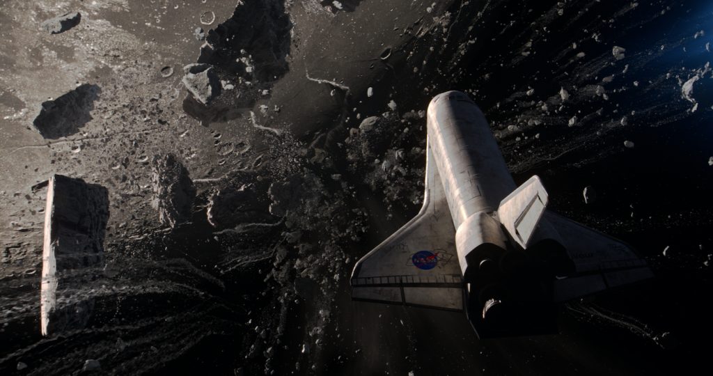 The Endeavor Space Shuttle dodging debris approaching the moon's surface in "Moonfall." Courtesy Lionsgate.