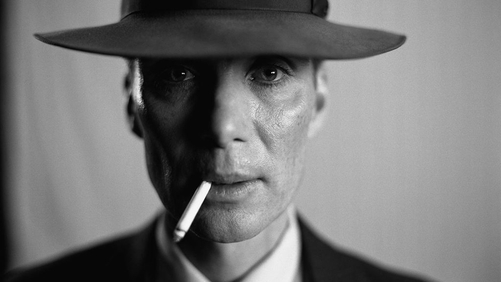 Cillian Murphy as J. Robert Oppenheimer in OPPENHEIMER, written and directed by Christopher Nolan. This still is an 11K scan of a 70mm B&W IMAX film frame