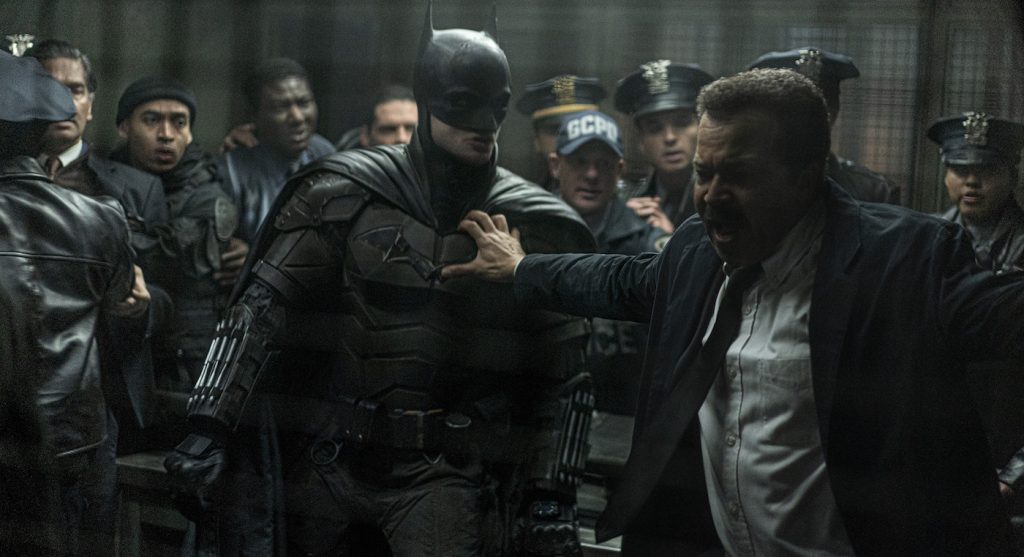 Caption: (L-r) ROBERT PATTINSON as Batman and JEFFREY WRIGHT as Lt. James Gordon in Warner Bros. Pictures’ action adventure “THE BATMAN,” a Warner Bros. Pictures release. Photo Credit: Jonathan Olley/™ & © DC Comics